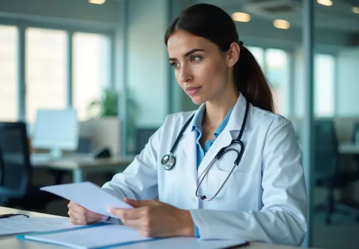 Médecin concentré sur des documents, peut-être une convention collective des cabinets médicaux, dans un bureau moderne.