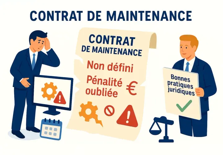 Un homme inquiet regarde un contrat de maintenance mal rédigé, avec des erreurs et des pénalités oubliées. L'autre homme présente les bonnes pratiques juridiques pour dénoncer un contrat.