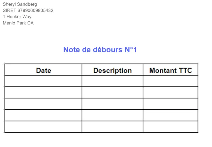 Note de débours N°1 pour Sheryl Sandberg, avec des colonnes pour la date, la description et le montant TTC.