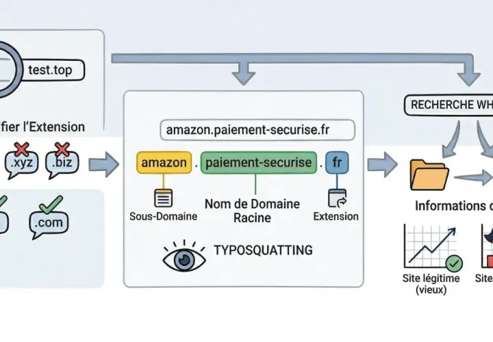 Schéma expliquant le typosquatting : vérification d'extension, analyse du nom de domaine et recherche WHOIS pour identifier un **site frauduleux**.