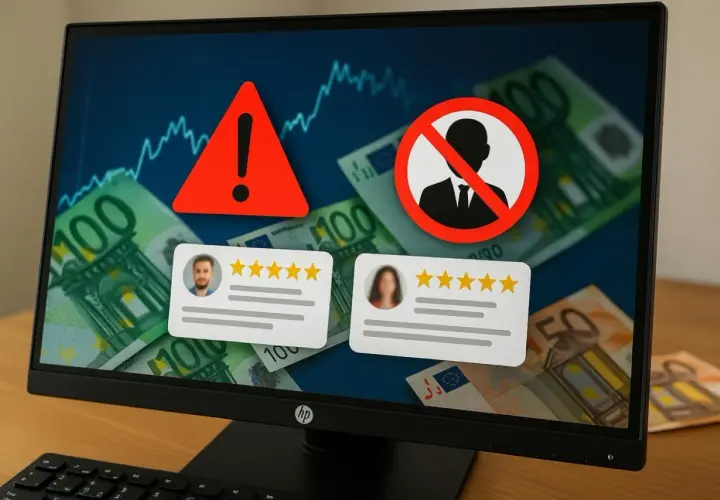 Avertissement sur un écran d'ordinateur : graphiques, billets en euros, icône d'interdiction et avis clients. Cela pourrait illustrer une liste noire des sites de vente en ligne.