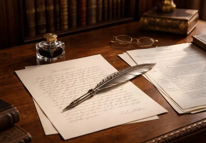 Plume et encrier sur des documents manuscrits sur un bureau en bois.