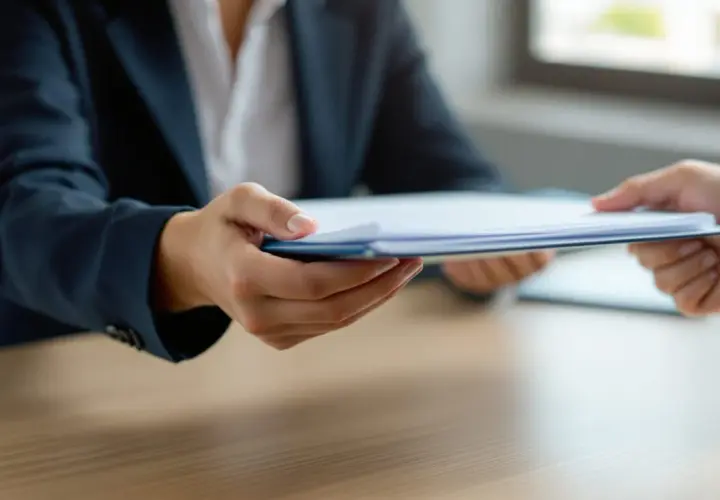 Une main tend un dossier de documents, symbolisant une lettre remise en main propre lors d'un entretien ou d'une transaction importante.