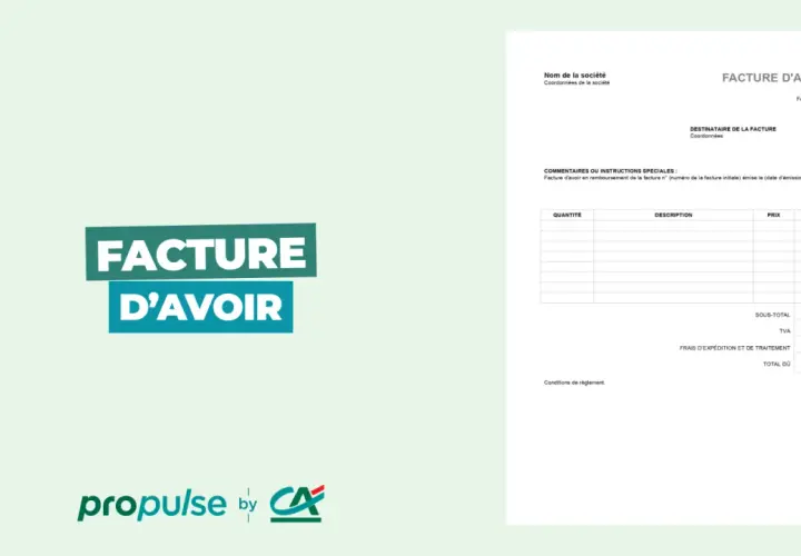 Document de facture d'avoir avec logo "propulse by CA". Détails de la facture, quantité, description, prix, total, sous-total, TVA, frais d'expédition et total dû.