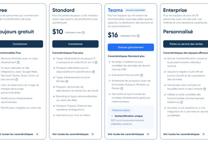Tableau comparatif des plans : Free (gratuit), Standard ($10/mois), Teams ($16/mois) et Enterprise. Idéal pour une application prise de rendez-vous gratuit.
