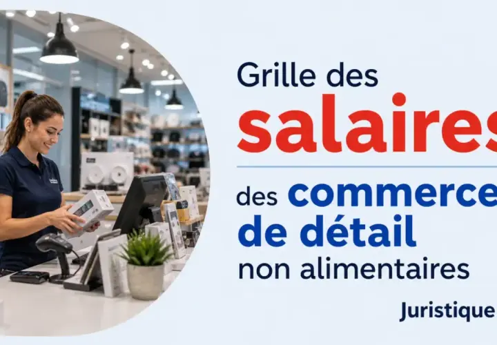 Une vendeuse souriante présente un produit dans un magasin. Le texte indique "Grille des salaires des commerces de détail non alimentaires".