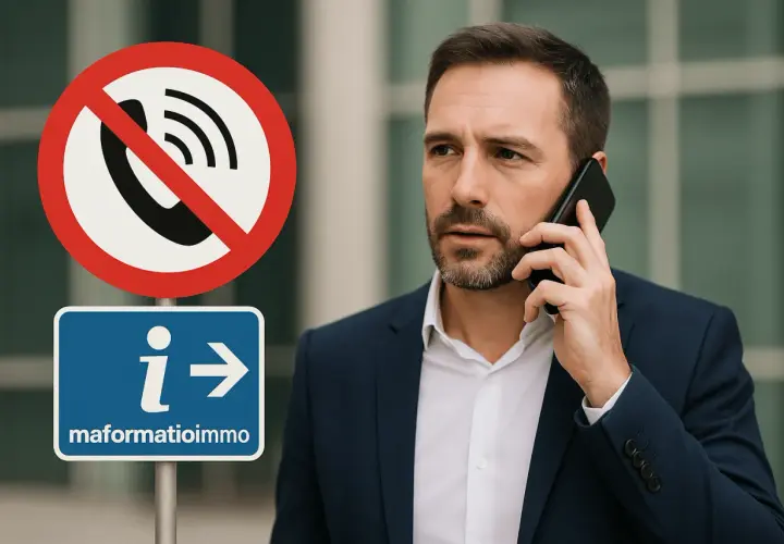 Un homme en costume parle au téléphone à côté d'un panneau "interdit d'appeler" et d'un panneau "information". Il semble préoccupé par le **bloctel particulier**.