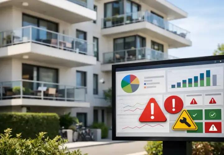 Écran affichant des graphiques et des alertes, idéal pour signaler un problème au syndic.
