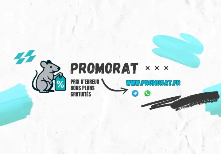 Souris tenant une étiquette avec un pourcentage, logo "PROMORAT", site web et icônes de messagerie.