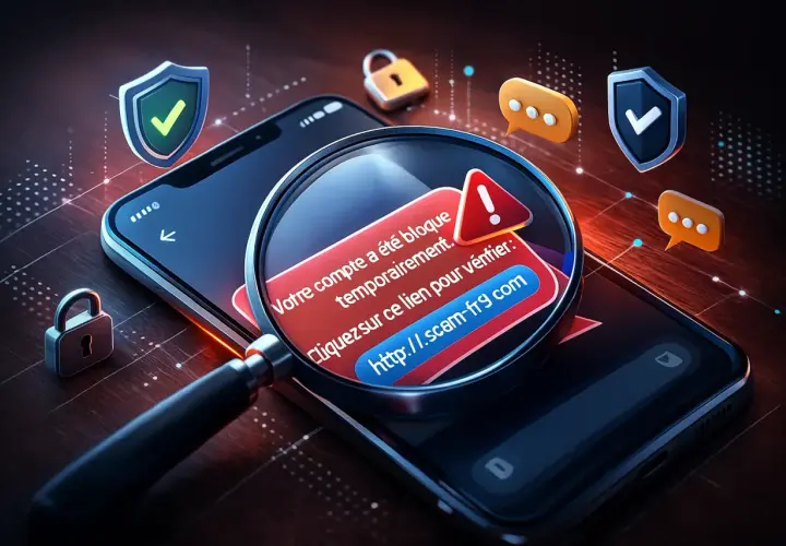 Avertissement sur un téléphone : "Votre compte a été bloqué temporairement. Cliquez sur ce lien pour vérifier : http://.scam-fr9.com". Attention au faux démarchage à domicile.
