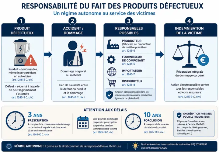 Schéma du régime de responsabilité du fait des produits défectueux. Le responsable légal peut être le producteur, le fournisseur, l'importateur ou le distributeur.
