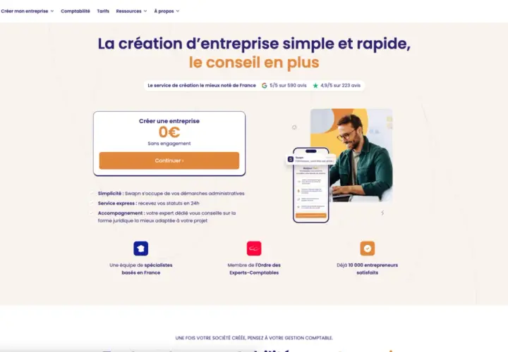 Swapn aide à créer son entreprise à 12 ans, simplement et rapidement. Un homme souriant regarde son écran, entouré d'icônes symbolisant l'accompagnement et la simplicité.