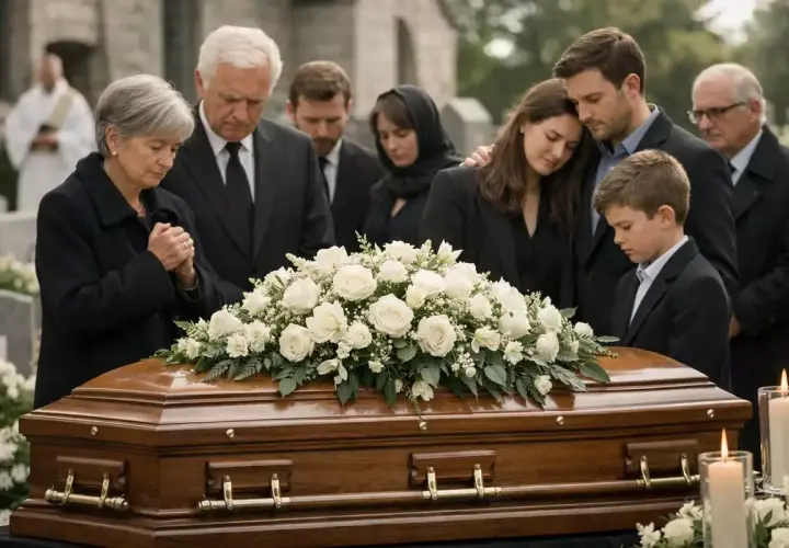 Famille en deuil devant un cercueil fleuri, lors d'une cérémonie funéraire.
