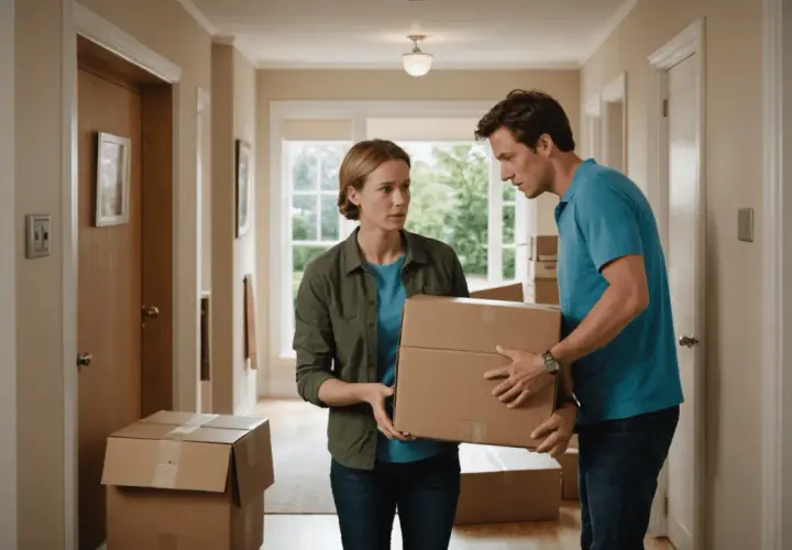 Un couple découvre une erreur de commande en déballant des cartons dans un couloir.