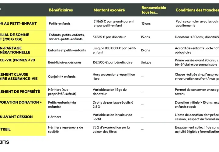 Tableau comparatif des dispositifs pour optimiser les frais de succession : donation au petit-enfant, don familial, assurance-vie.