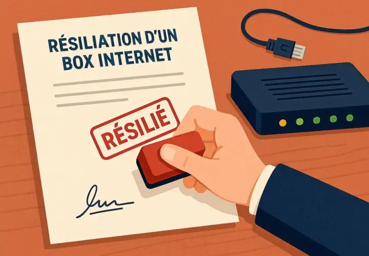 Document "Résiliation d'un box internet" tamponné "RÉSILIE". Une main appose le cachet, symbolisant la fin d'un abonnement.