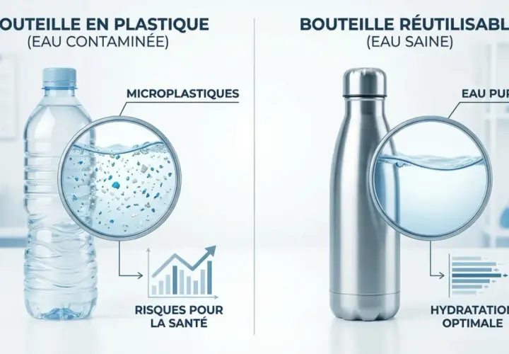 Bouteille en plastique vs. réutilisable. La première libère des microplastiques, augmentant les risques pour la santé. La seconde offre une eau pure pour une hydratation optimale, une alternative à la loi plastique.