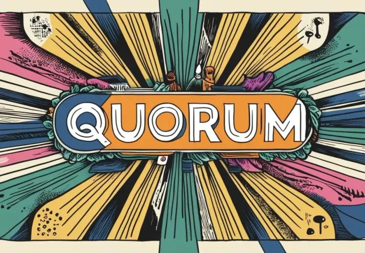 Le mot "QUORUM" en lettres blanches sur fond orange, entouré de rayons colorés et stylisés. L'image évoque une réunion importante.