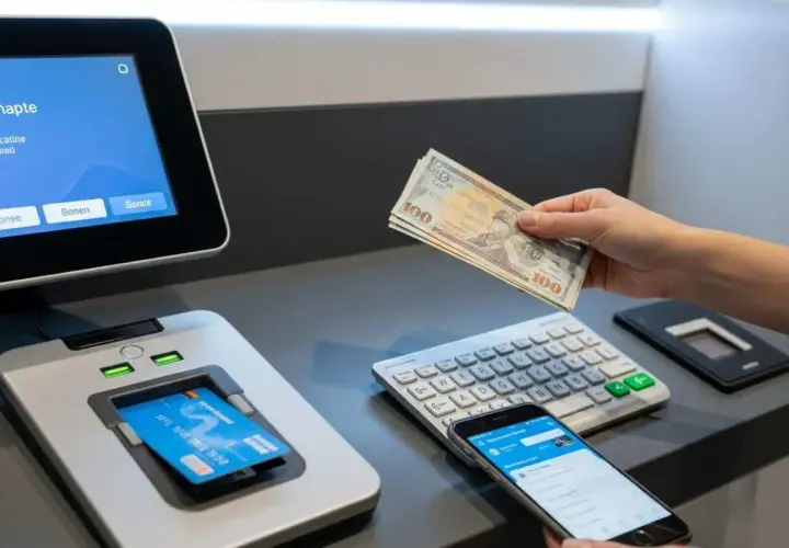 Main tenant une liasse de billets, une personne utilise un smartphone près d'un terminal bancaire. La carte bancaire bloquée dépassement découvert est insérée.