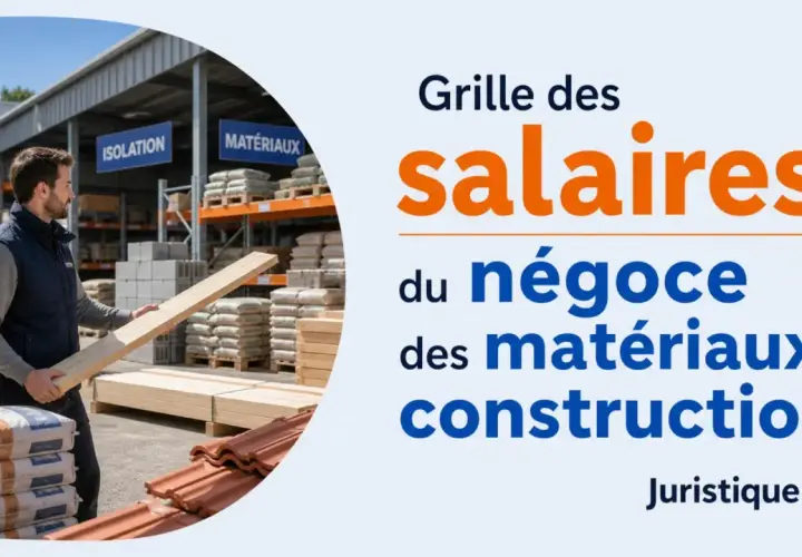Un homme examine du bois dans un entrepôt de matériaux de construction. La grille des salaires du négoce des matériaux de construction est affichée.