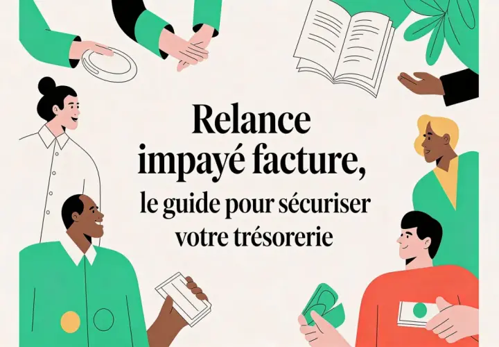Illustration de personnes échangeant de l'argent et des documents, avec le texte "Relance impayé facture, le guide pour sécuriser votre trésorerie". Le suivi facturation est essentiel.
