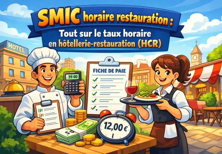 Un chef et une serveuse discutent du SMIC horaire restauration. Une calculatrice affiche 39:00, une fiche de paie est visible, avec des billets et des pièces.