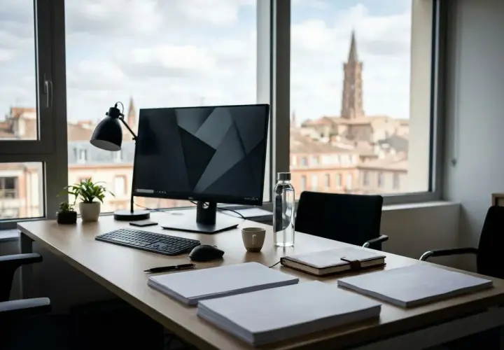 Bureau avec ordinateur, documents et vue sur la ville. Idéal pour réfléchir à comment déposer un brevet et protéger son invention.