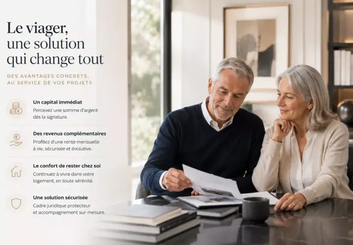 Un couple âgé examine des documents, illustrant les avantages d'un contrat viager : capital immédiat, revenus complémentaires, confort et sécurité.