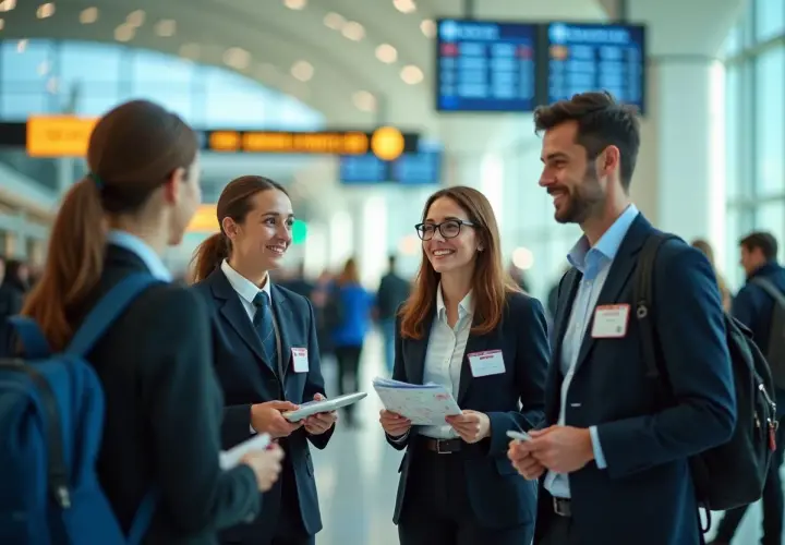 Des employés du tourisme discutent dans un aéroport, peut-être à propos de la convention collective tourisme.