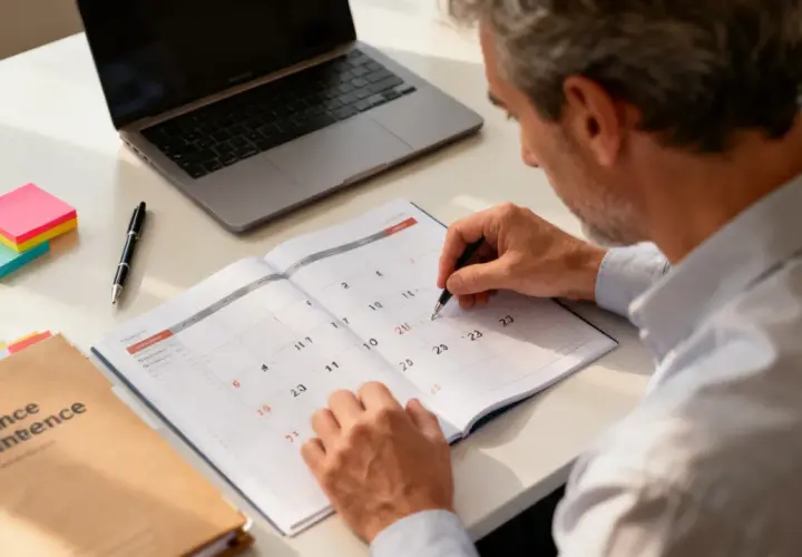 Un homme planifie ses congés sabbatiques dans son agenda, entouré d'un ordinateur portable et de post-it.