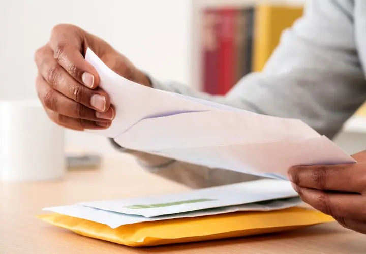 Mains ouvrant des enveloppes, peut-être une arnaque au chèque énergie ? Attention aux courriers suspects.