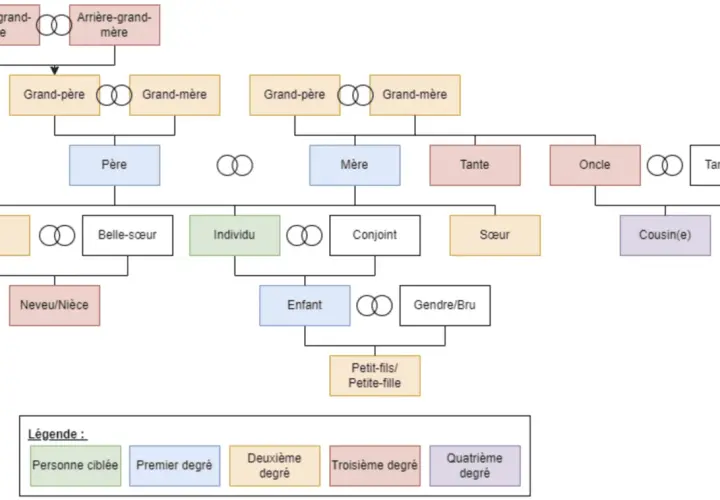 Arbre généalogique montrant les liens familiaux, des arrière-grands-parents aux petits-enfants, illustrant les descendants.