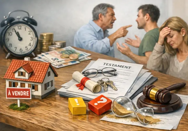 Scène de dispute familiale autour d'un testament, d'une maison à vendre et d'une succession. L'initiative transmission en cas de décès est source de conflits.