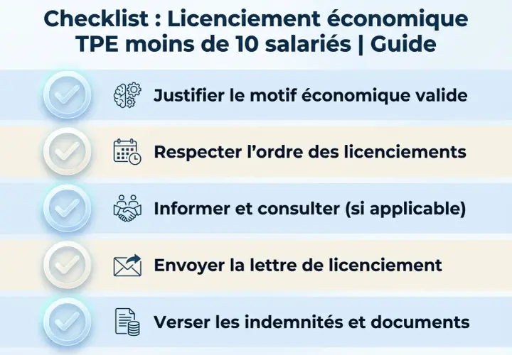 Checklist pour un licenciement économique en TPE de moins de 10 salariés : justifier le motif, respecter l'ordre, informer, envoyer la lettre et verser les indemnités.