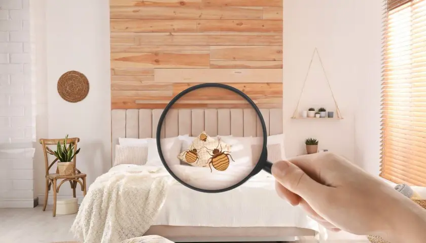 Loupe révélant des punaises de lit sur un coussin dans une chambre. Attention à l'arnaque punaise de lit !