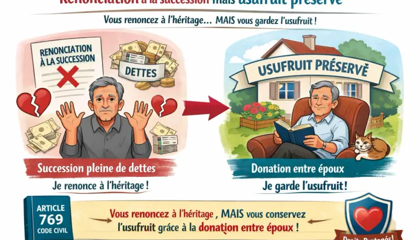 Un homme renonce à une succession pleine de dettes, mais grâce à une donation entre époux, il conserve l'usufruit et lit paisiblement avec son chat.