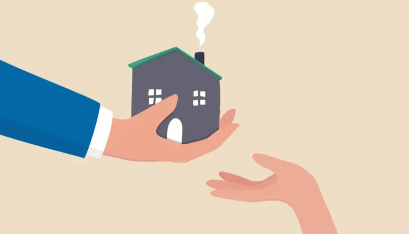 Une main tend une maison, symbolisant le droit viager au logement, à une autre main ouverte.