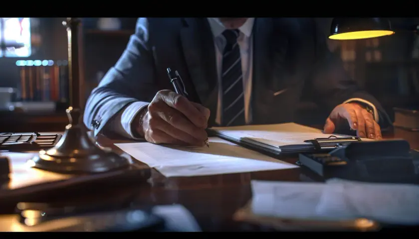 Un homme en costume signe des documents, peut-être un notaire enquêtant sur un détournement de succession.