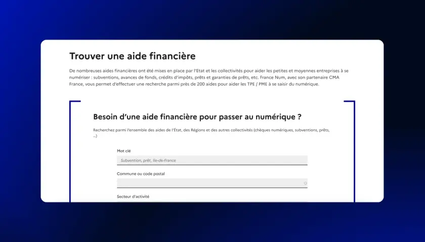 Formulaire de recherche d'aides financières avec champs pour mot-clé, commune et secteur d'activité.