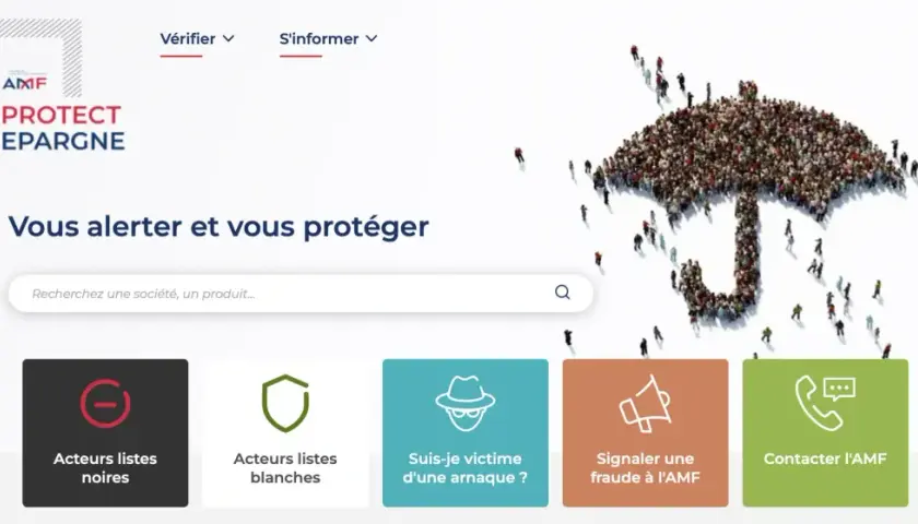 Le site AMF Protect Épargne aide à se protéger contre une arnaque placement financier. Une foule forme un parapluie protecteur.