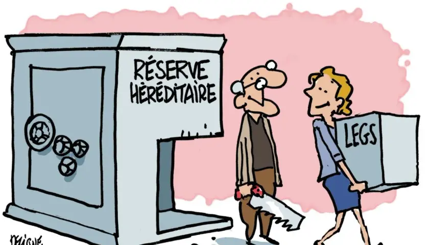 Un homme avec une scie s'approche d'un coffre-fort "Réserve Héréditaire". Une femme emporte une boîte marquée "LEGS".