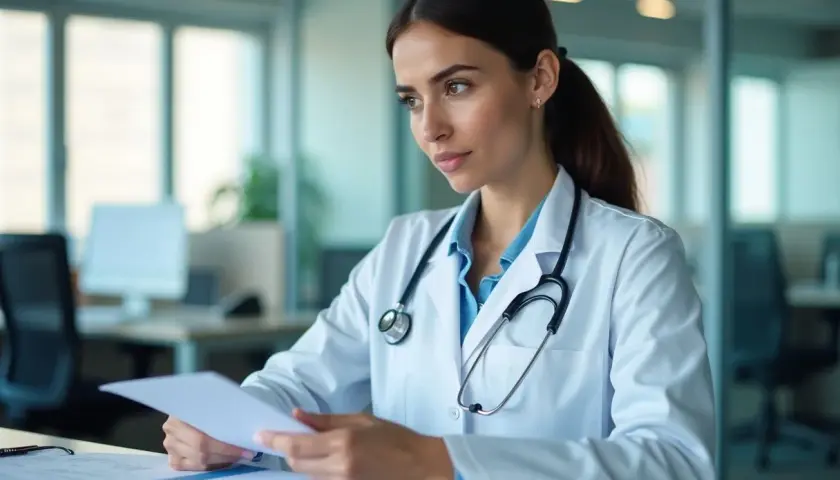 Médecin concentré sur des documents, peut-être une convention collective des cabinets médicaux, dans un bureau moderne.