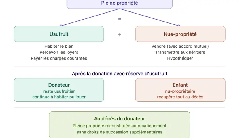 Schéma expliquant la pleine propriété, l'usufruit et la nue-propriété, ainsi que les conséquences d'une donation avec réserve d'usufruit.