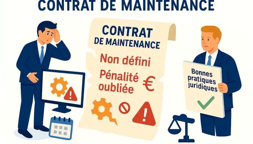 Un homme inquiet regarde un contrat de maintenance mal rédigé, avec des erreurs et des pénalités oubliées. L'autre homme présente les bonnes pratiques juridiques pour dénoncer un contrat.