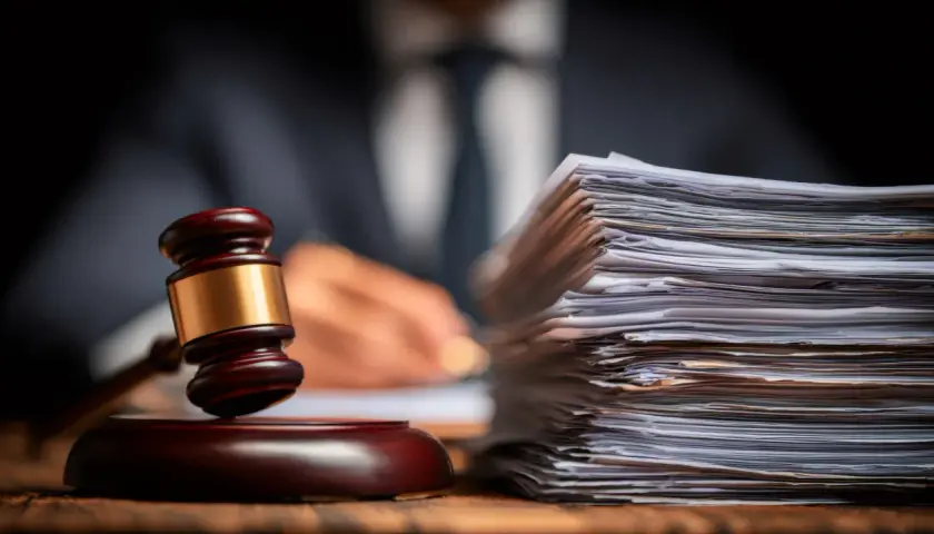 Marteau de juge et pile de documents, symbolisant la reddition de compte et la justice. Un homme en costume écrit en arrière-plan.