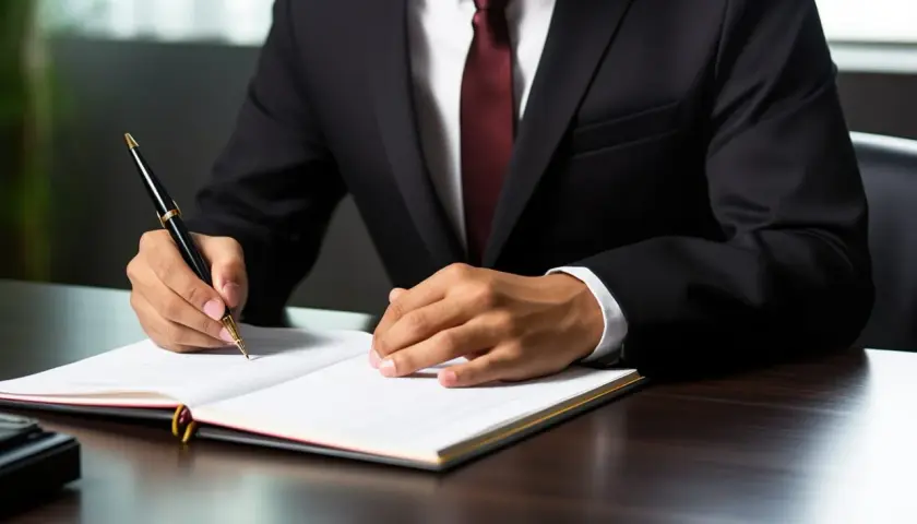 Un homme en costume écrit dans un registre. Il est temps de réfléchir à comment annuler un testament déposé chez un notaire.