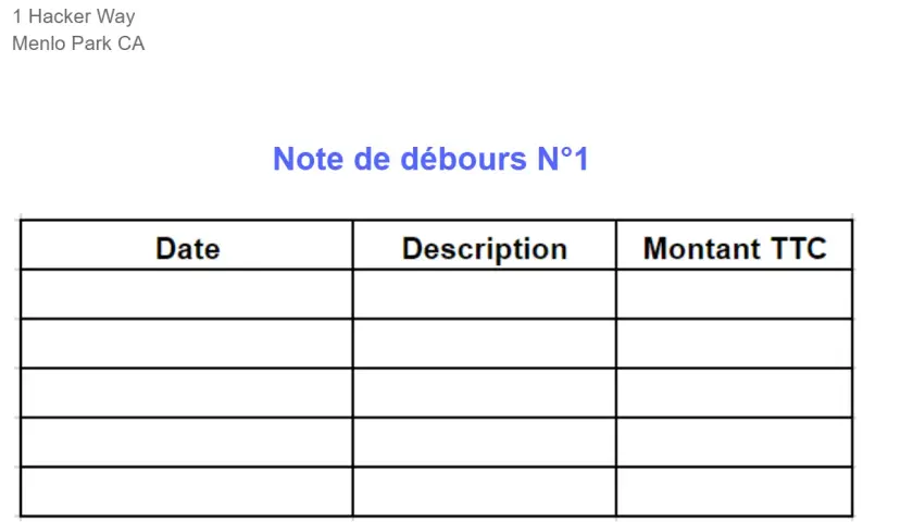 Note de débours N°1 pour Sheryl Sandberg, avec des colonnes pour la date, la description et le montant TTC.