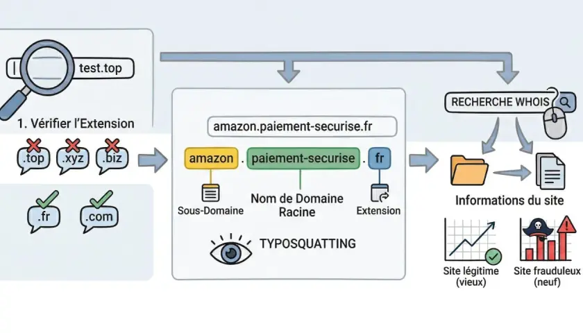 Schéma expliquant le typosquatting : vérification d'extension, analyse du nom de domaine et recherche WHOIS pour identifier un **site frauduleux**.