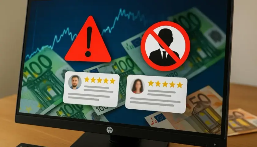Avertissement sur un écran d'ordinateur : graphiques, billets en euros, icône d'interdiction et avis clients. Cela pourrait illustrer une liste noire des sites de vente en ligne.
