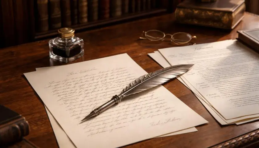 Plume et encrier sur des documents manuscrits sur un bureau en bois.